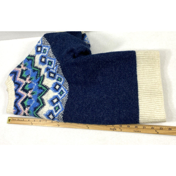 Womens Fair Isle Sweater Medium Petite Blue Wool Blend Pullover Long Sleeve - Picture 5 of 11
